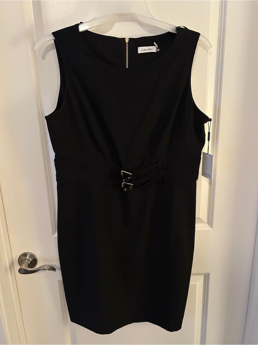 Calvin Klein Black Sleeveless Midi Sheath Dress with Waist Buckle Detail